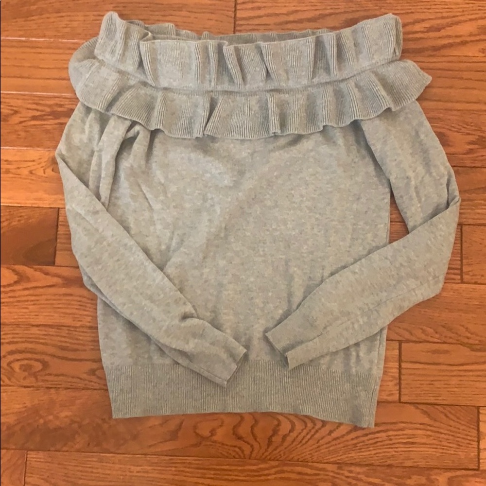 Off the shoulder grey ruffled sweater